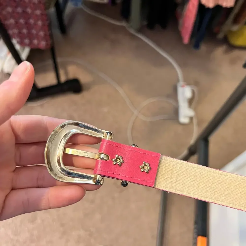 Vintage 90s Pink Vegan Leather Gold Silver Buckle Belt Size Small